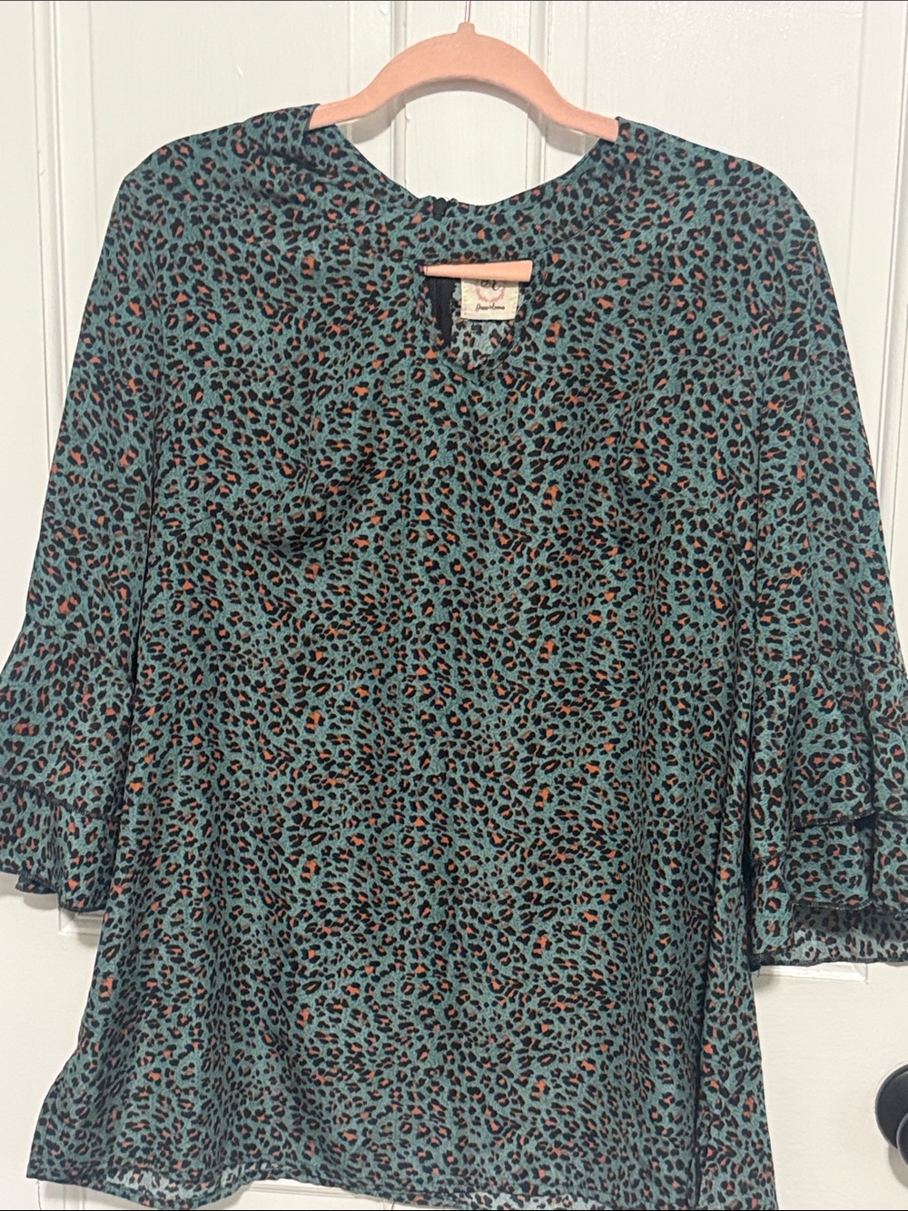 Teal Leopard Print Ruffle Sleeve Blouse